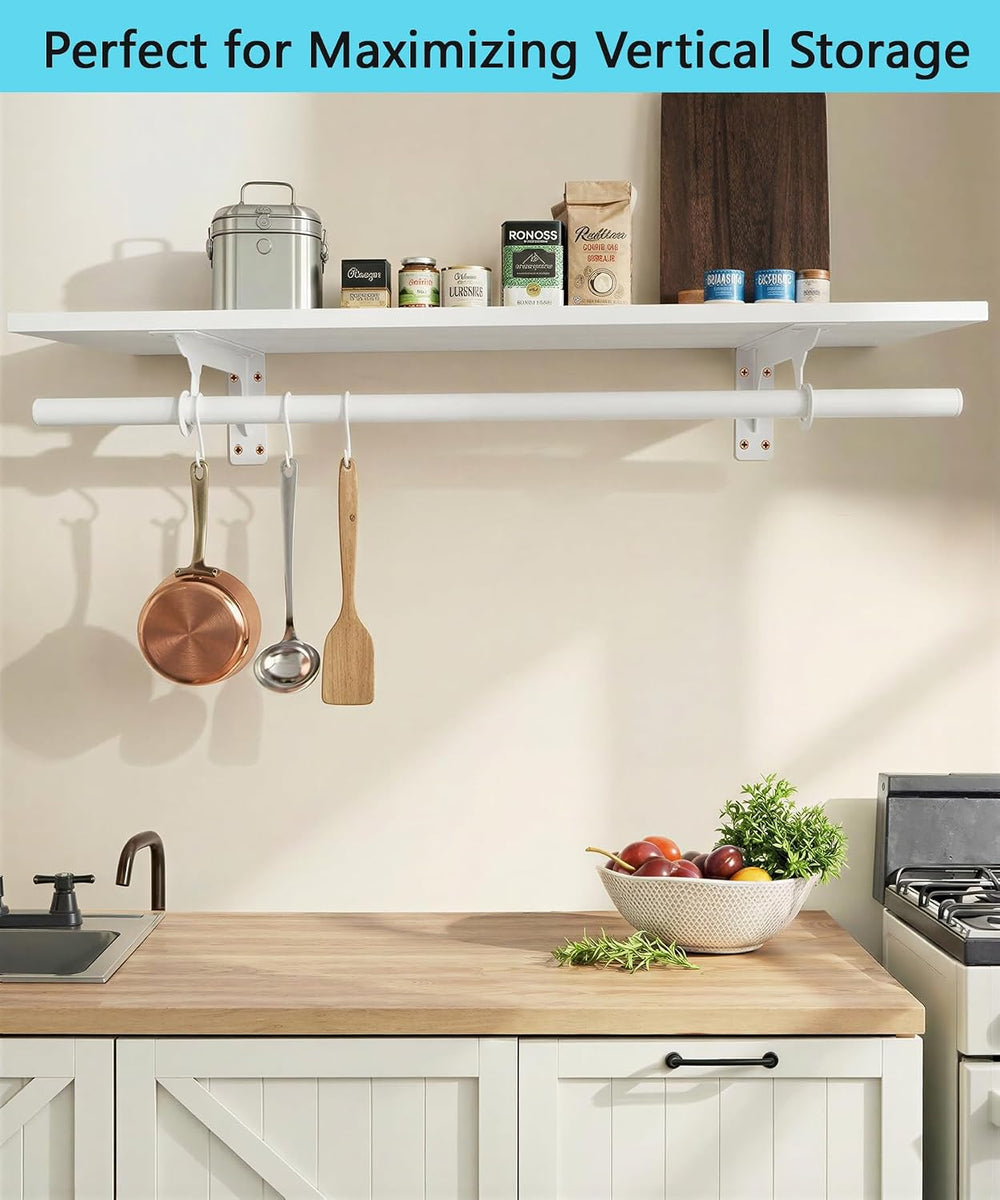 Wall Mounted Clothes Rack, with Top Shelf and Hanging Rod, Heavy Duty (White,...