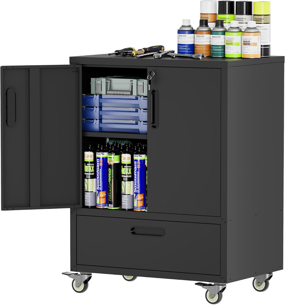 Metal Garage Storage Cabinet on Wheels, Lockable Rolling Tool Cabinet