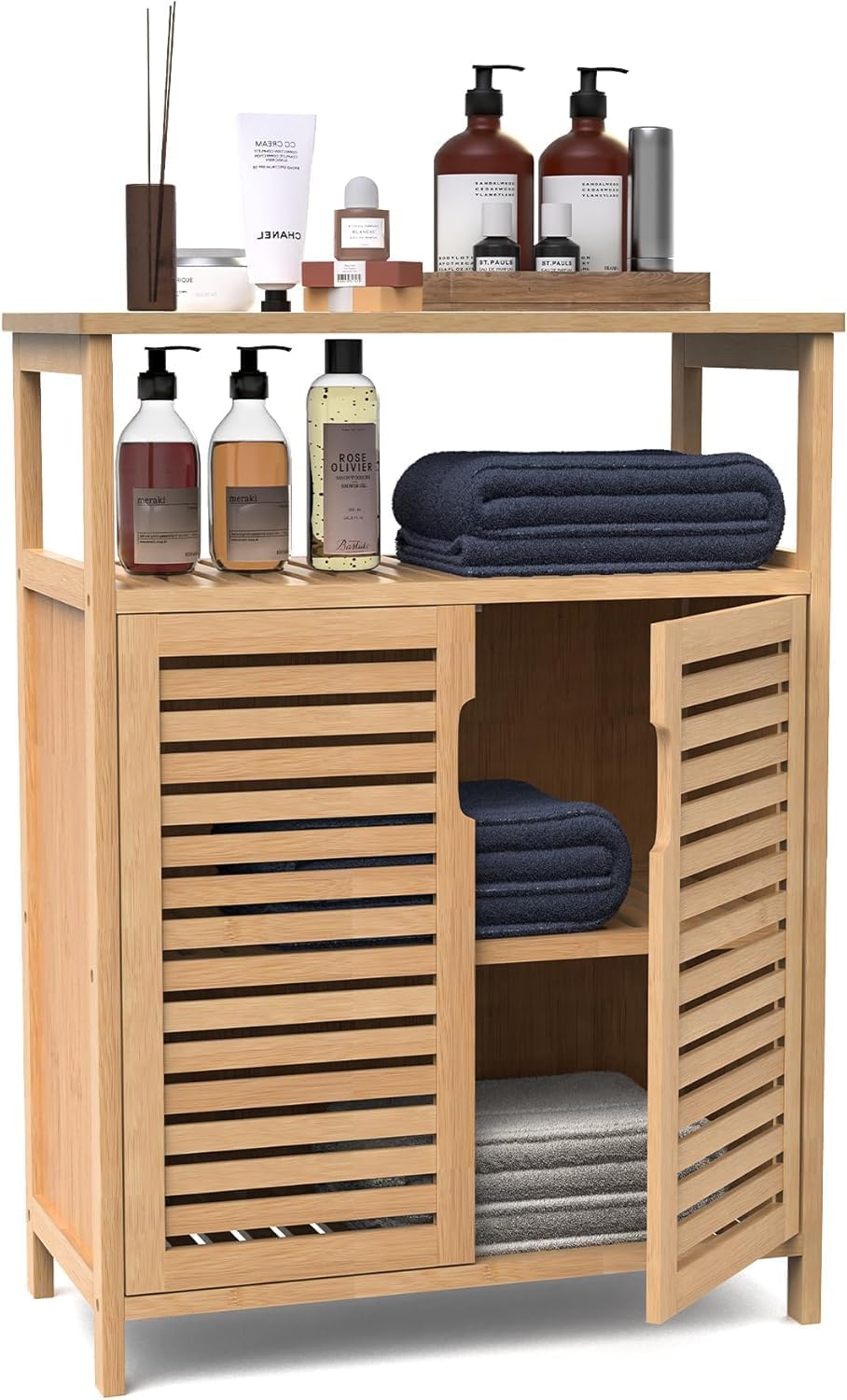 Bamboo Bathroom Storage Cabinet with 2 Doors, Floor Freestanding Cabinet