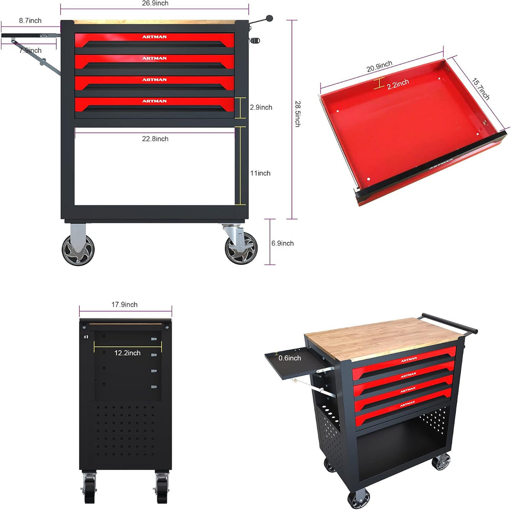 Lockable 4-Drawer Rolling Tool Chest with Wooden Top Workbench