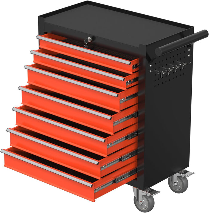 7-Drawer Rolling Tool Chest with Wheels, Metal Tool Storage Cabinet with Lock&Keys and Swivel, Toolbox with Drawers, Tool Box for Warehouse,Garage, Repair Shop, Workshop (Blackred, 7-Drawer)