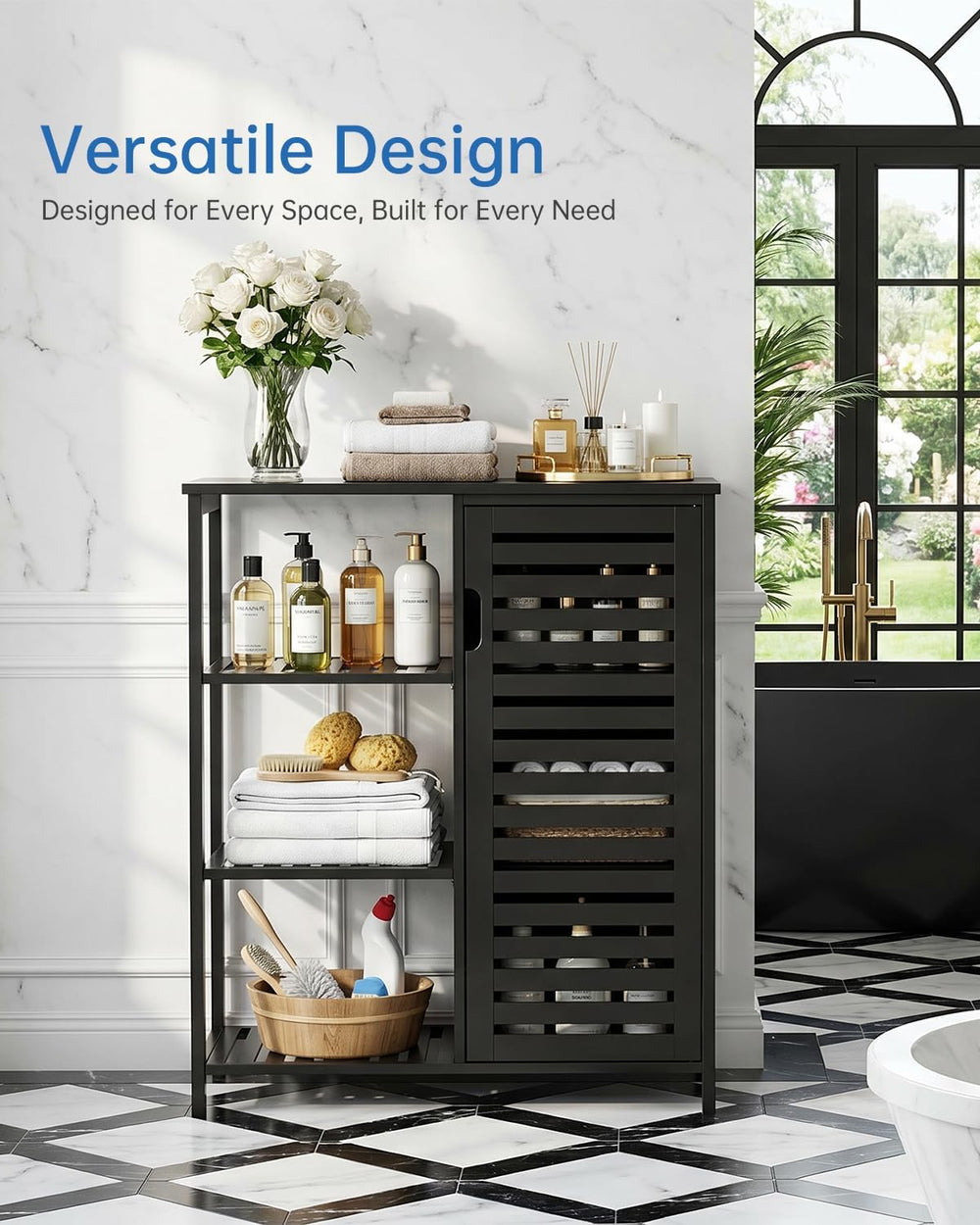 Bathoom Storage Cabinet, Bamboo Floor Cabinet with Single Door and 3 Open She...