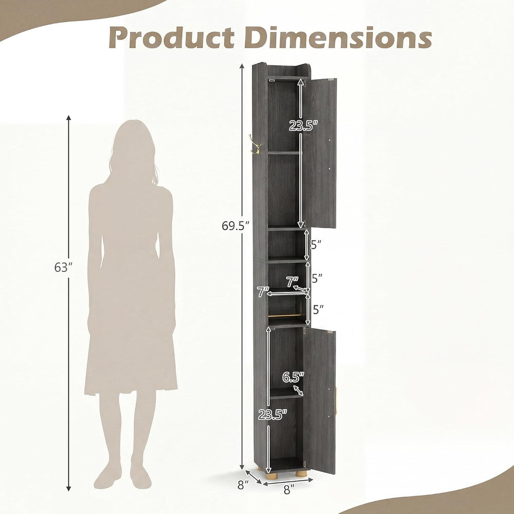 Tangkula Narrow Bathroom Cabinet, 69.5” Tall Storage with 2 Doors & Adjus...