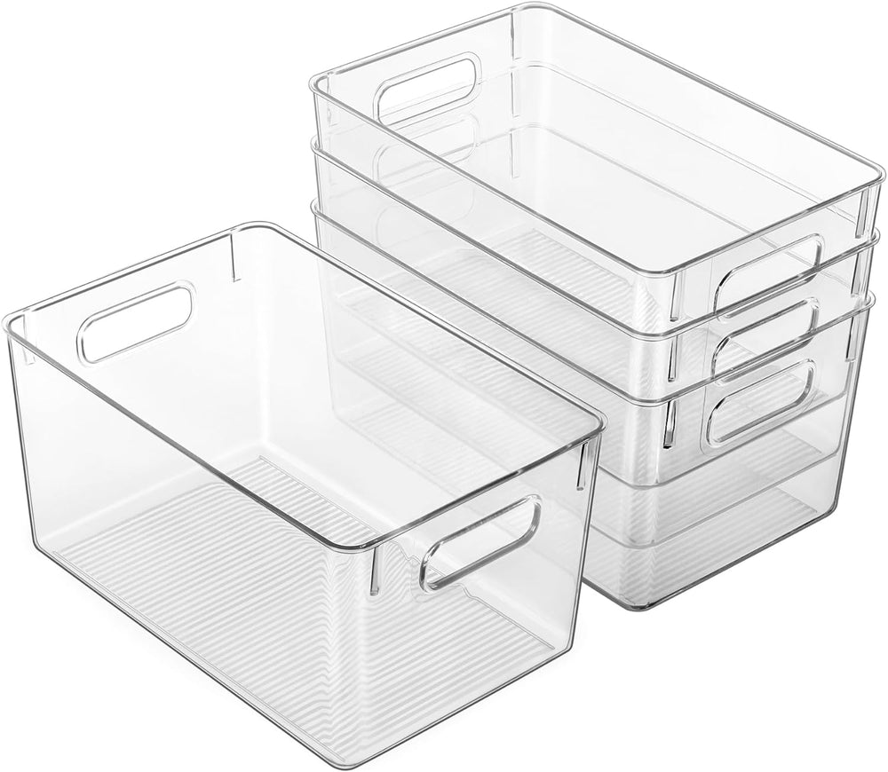 Hudgan 4 Clear Pantry Organizer Bins for Kitchen Cabinet, Refrigerator