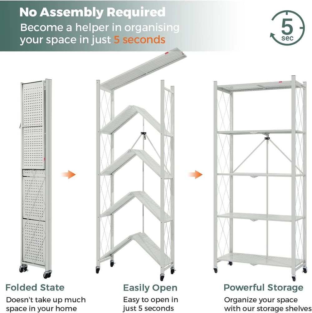 DEANIC 5 Tier Foldable Storage Shelves with Wheels, Large Capacity Shelving U...