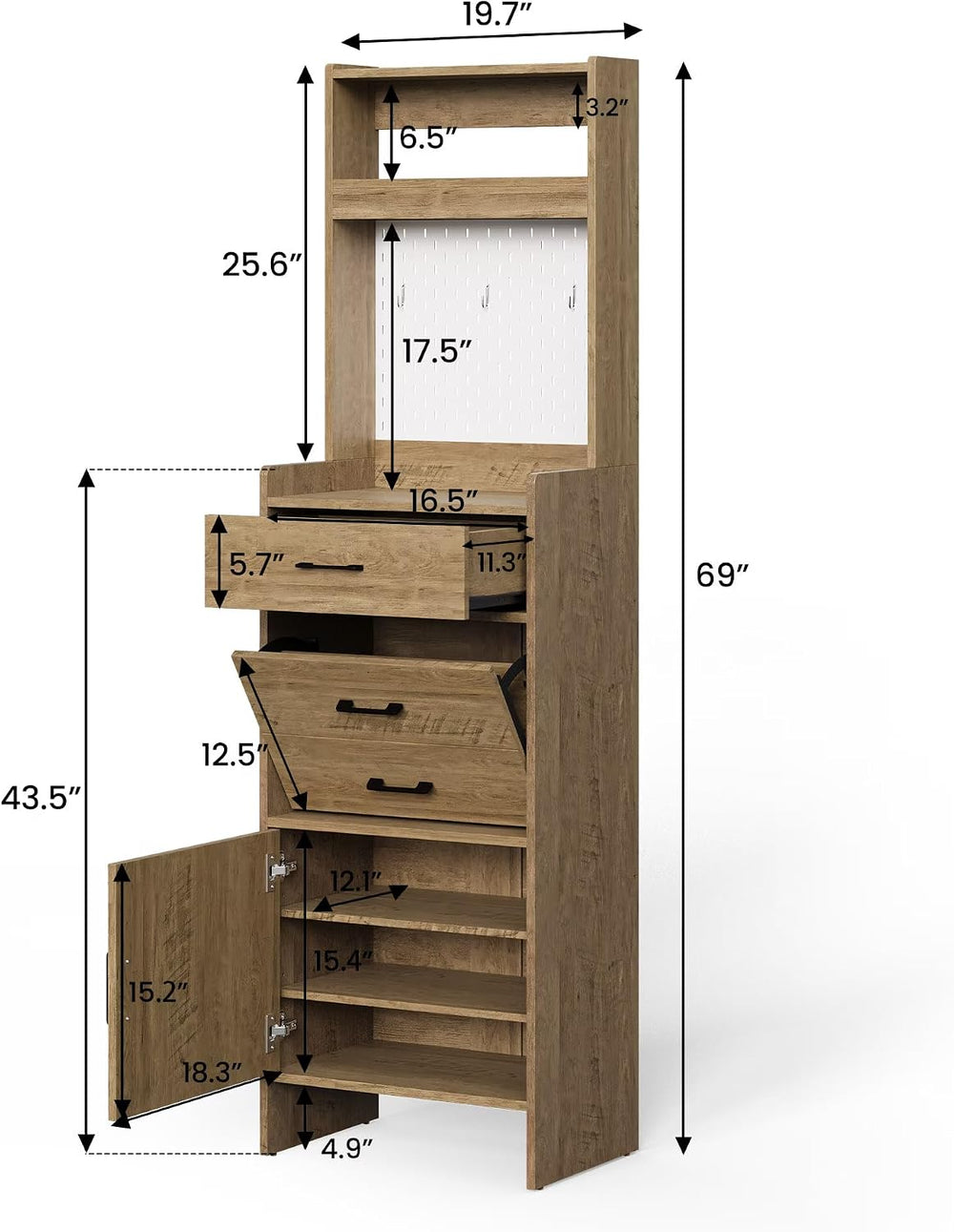 Shoe Storage Cabinet for Entryway with 1 Fluted Flip Drawers with Pegboard