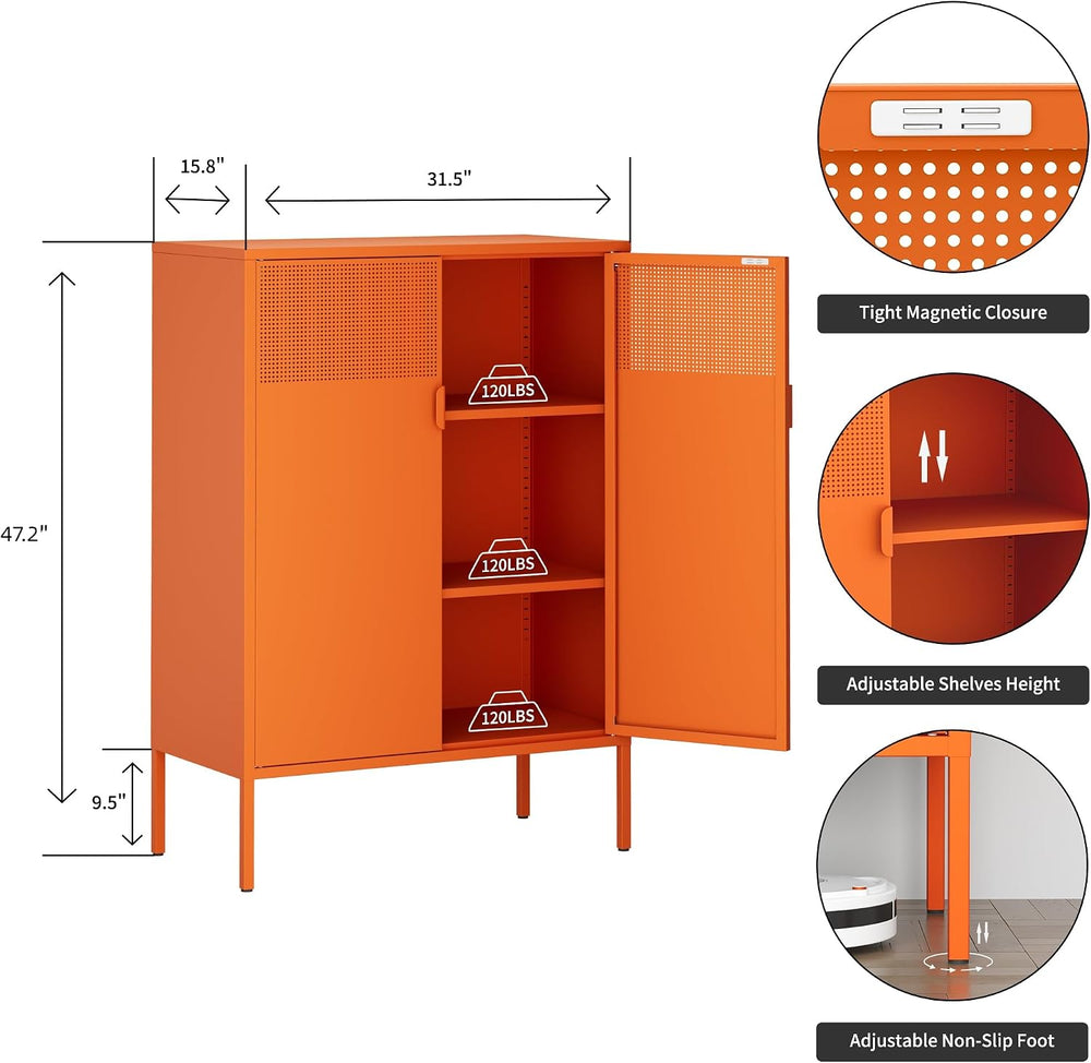 Ustamio Orange 3 Tier Metal Storage Cabinet with Legs, 2 Door Metal Locker St...