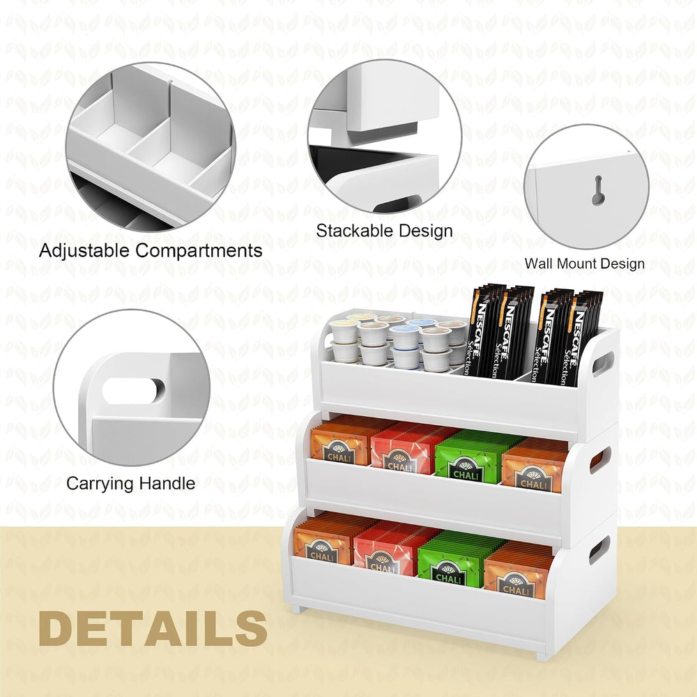 3-Tier Bamboo Tea Box Rack with Removable Dividers, Wall Mount Large Capacity...