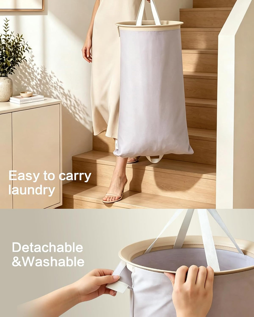126L Laundry Basket with Lid, Laundry Hamper, Laundry Room, Beige