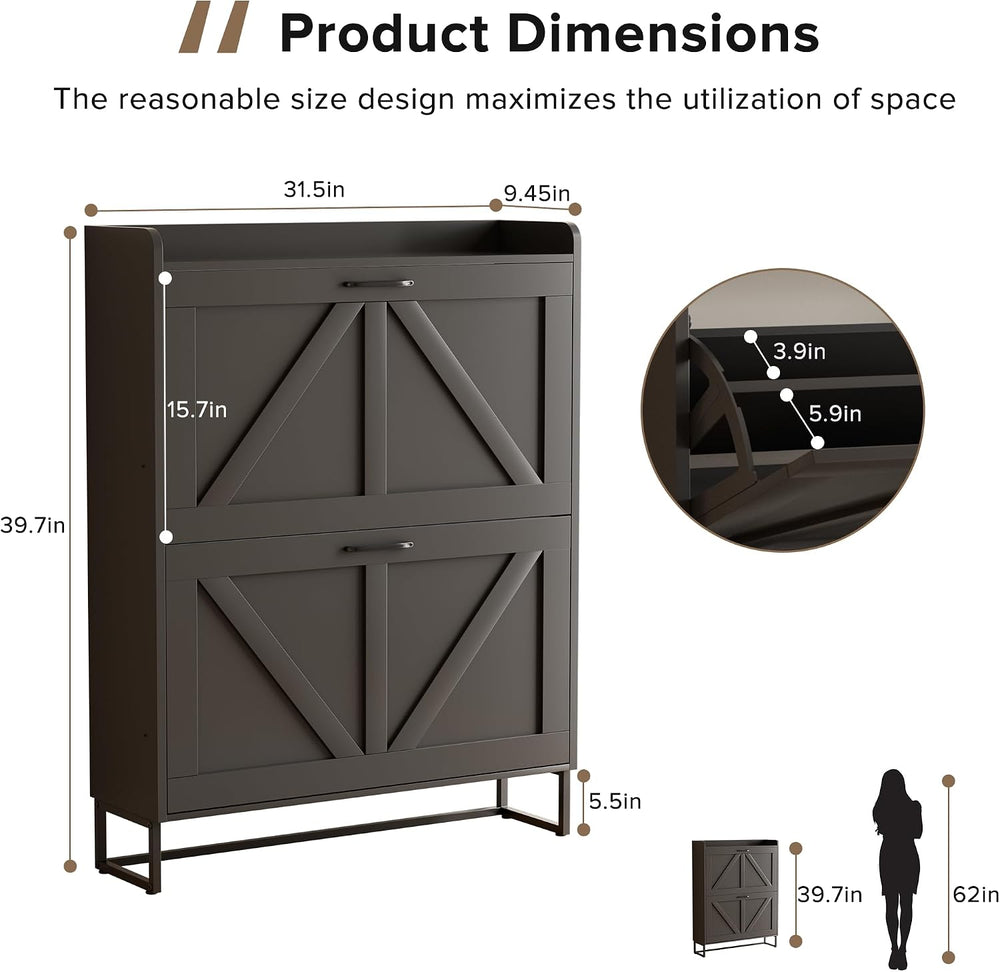 EOYUTLLY Shoe Cabinet for Entryway with 2 Flip Drawers,Narrow Wooden Shoe Sto...