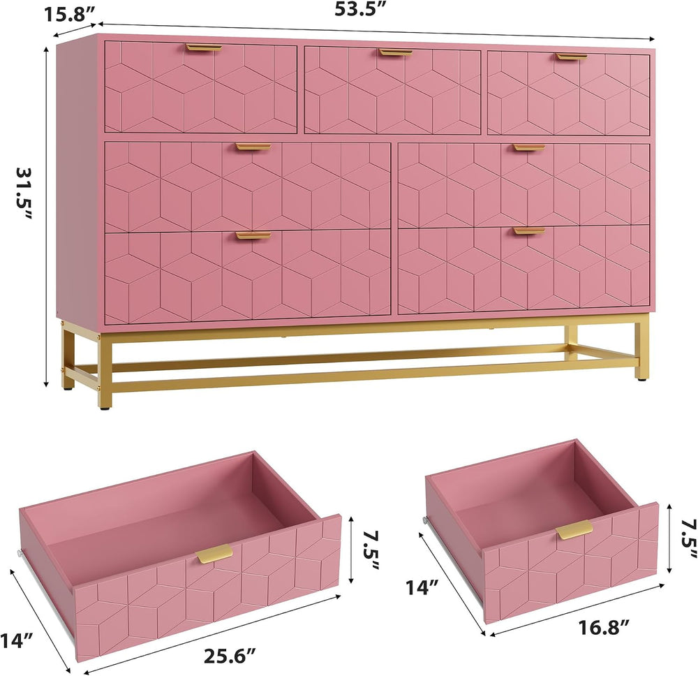IDEALHOUSE Pink 7 Drawer Dresser for Bedroom, 53.5” Large Dresser with Metal ...