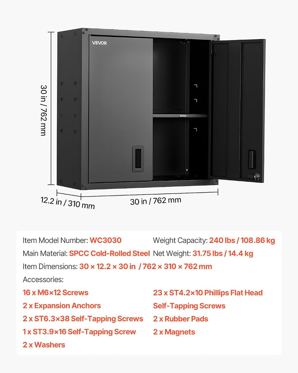 VEVOR Metal Wall Cabinet, 30W x 12.2D x 30H Inch, Steel Floating Hanging Stor...