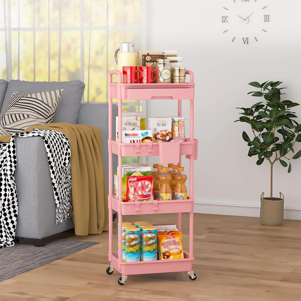 4 Tier Rolling Storage Cart with Drawer, Utility Carts with Wheels