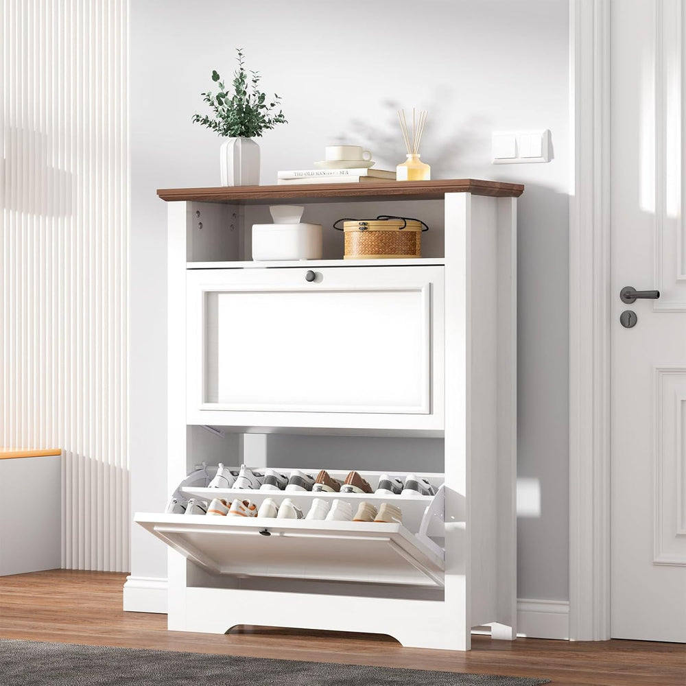 39" Farmhouse Shoe Storage Cabinet with 2 Flip Drawers and Adjustable En...