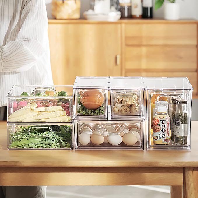 MineSign 4 pack Stackable Refrigerator Organizer Bins Pull-Out Drawers