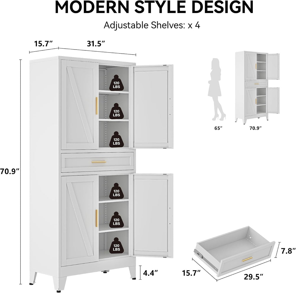 COFaR 71" Tall Pantry Cabinet with Drawer, White Storage Cabinet with Ad...