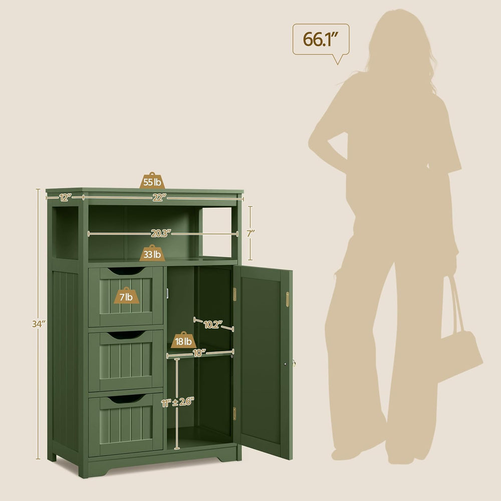 Yaheetech Small Freestanding Bathroom Storage Cabinet with 3 Drawers, Green