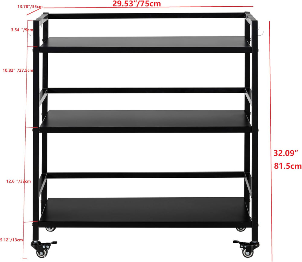 Metal Storag Shelves,3 Tier Move Storage Rack with 4 Hooks,Black