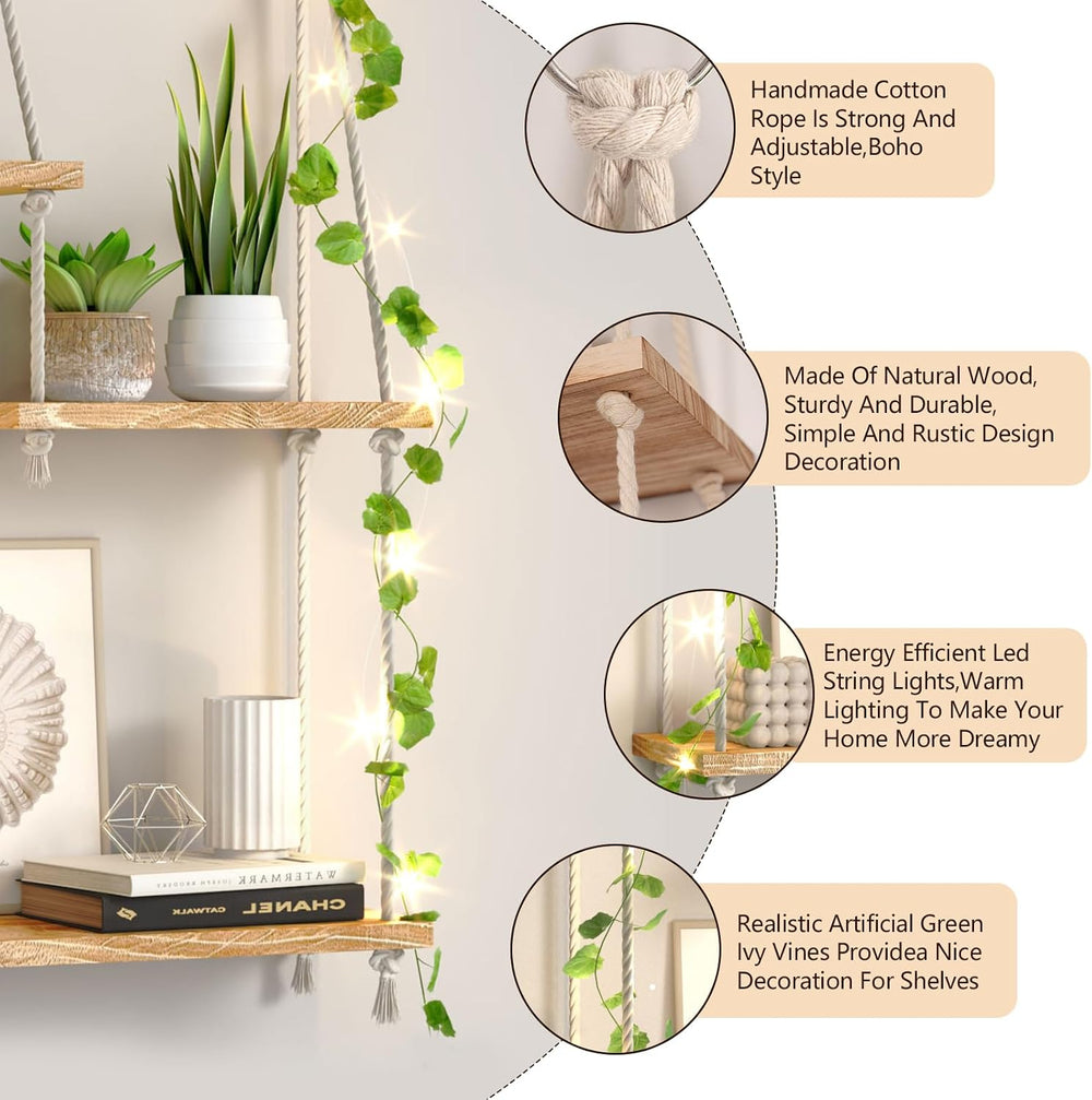 Hanging Shelves for Wall,Macrame Hanging Plant Shelf with Vine Lights 5 Tier ...