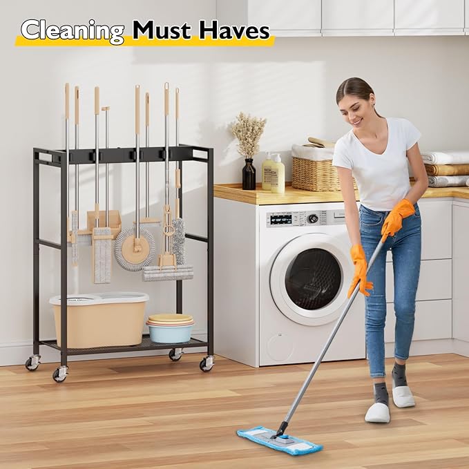 BORISI Broom And Mop Holder, Movable Broom Closet Storage Cabinet, Cleaning Cart