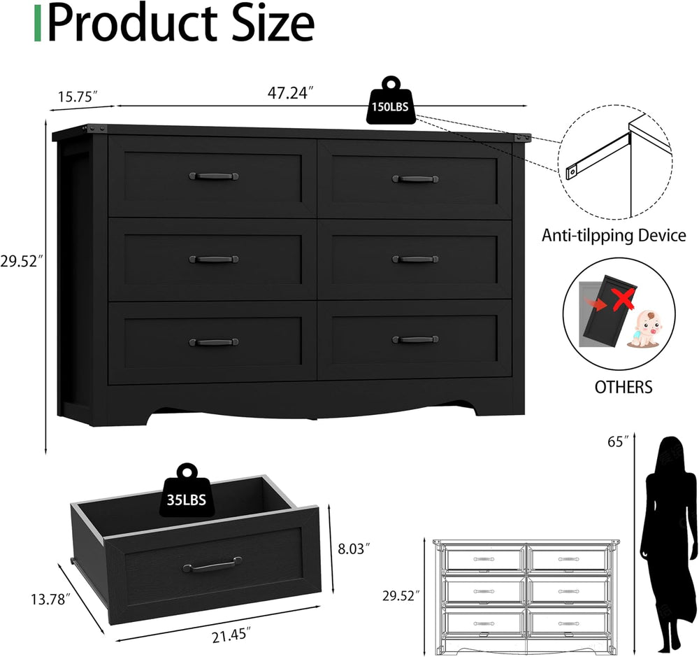 Dresser for Bedroom with 6 Drawers, 48" Wide Wood Chest of Drawers with ...