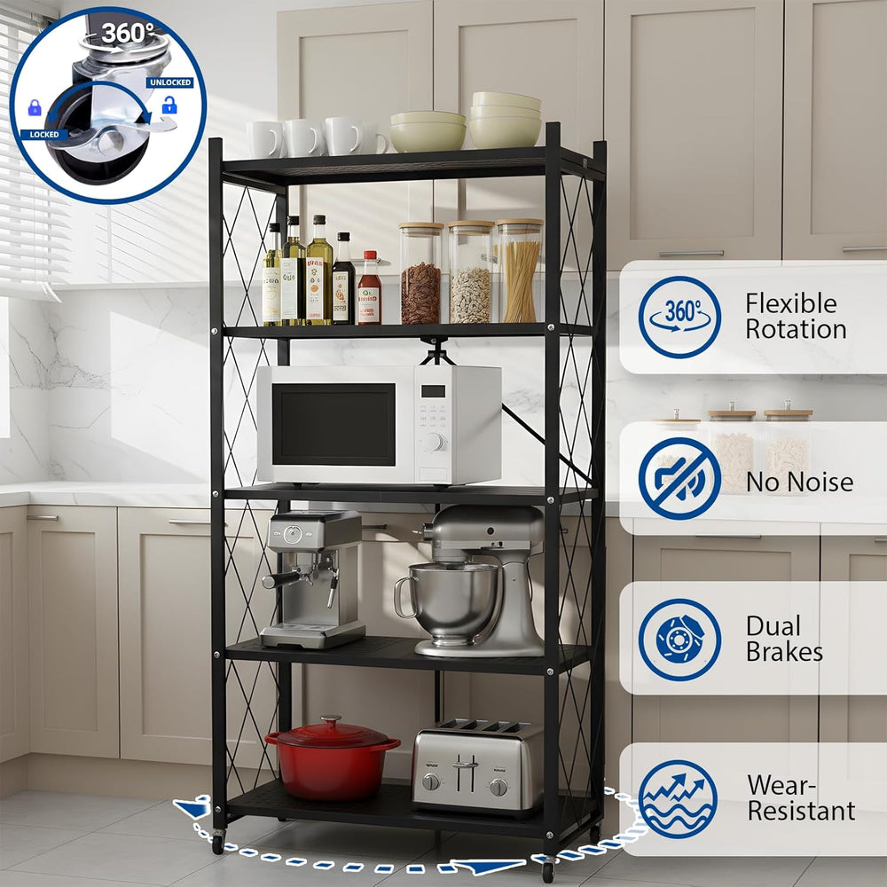5 Tier Foldable Storage Shelf with Wheels, Heavy-Duty Metal Shelving Unit, No...