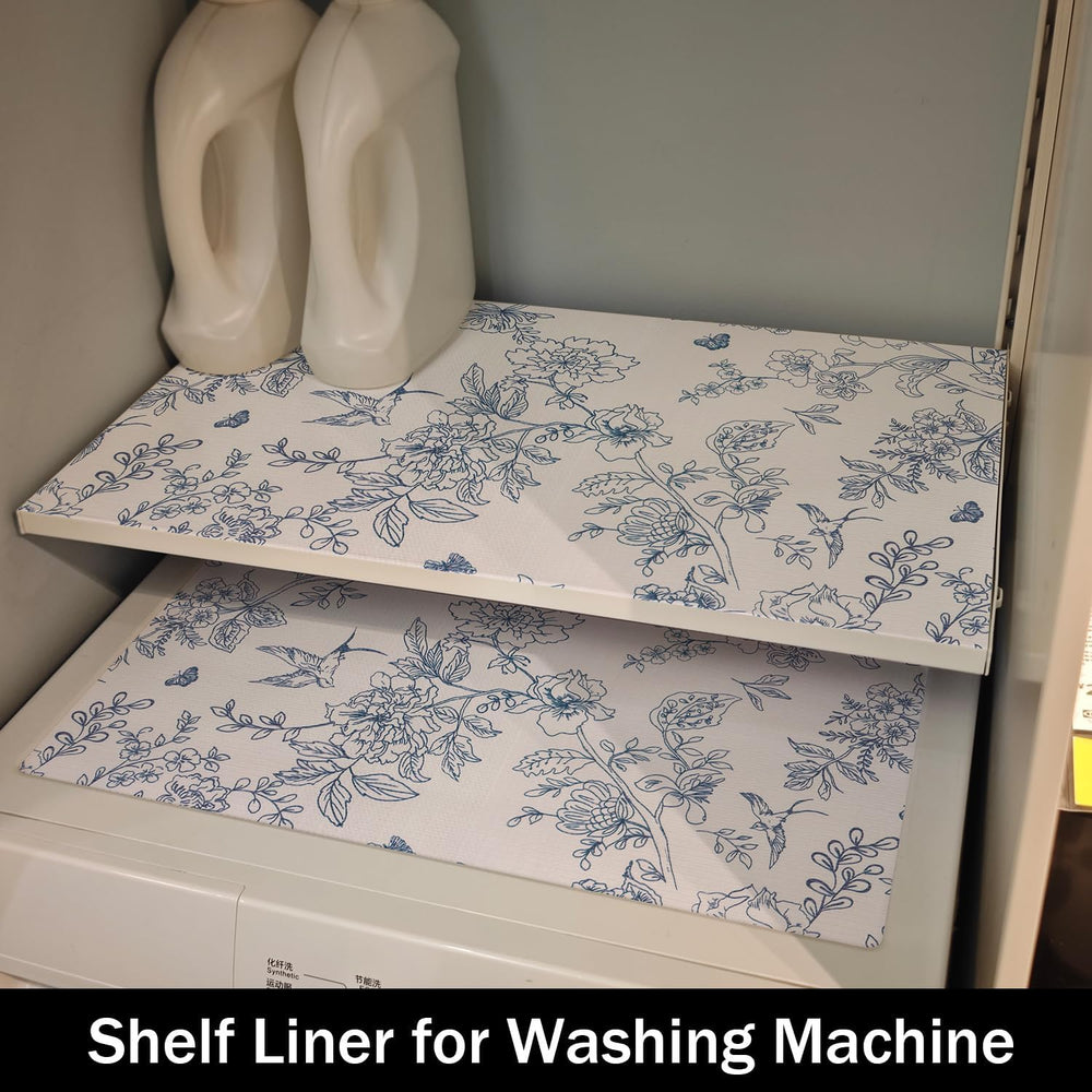 White and Bluer Bird Floral Drawer Liner, 24IN x 10FT