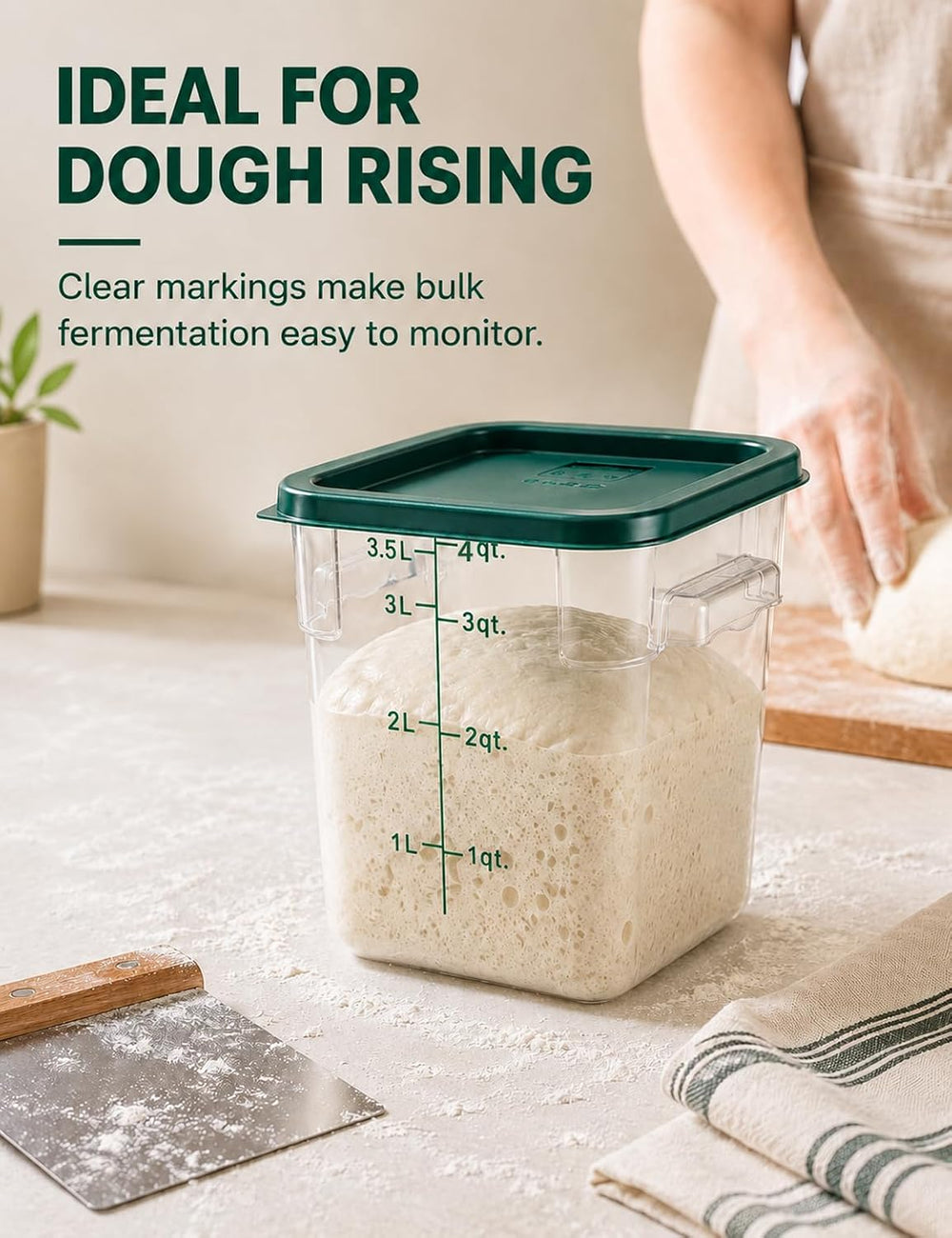 4 Pack 4QT Food Storage Containers with Green Lids - Square, Clear
