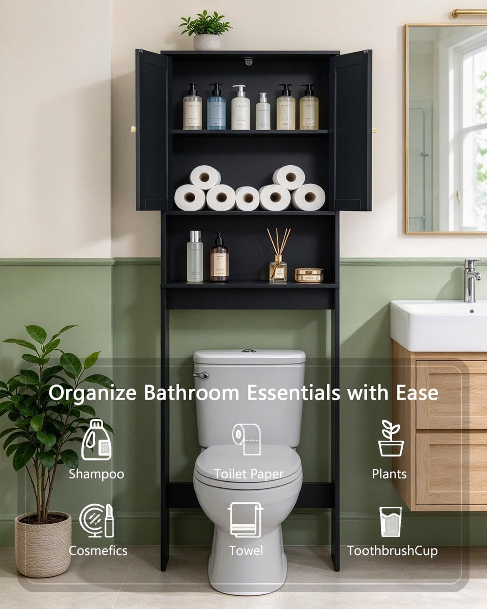 Over the Toilet Storage Cabinet, 2 Fluted Doors, Adjustable Shelf, Black