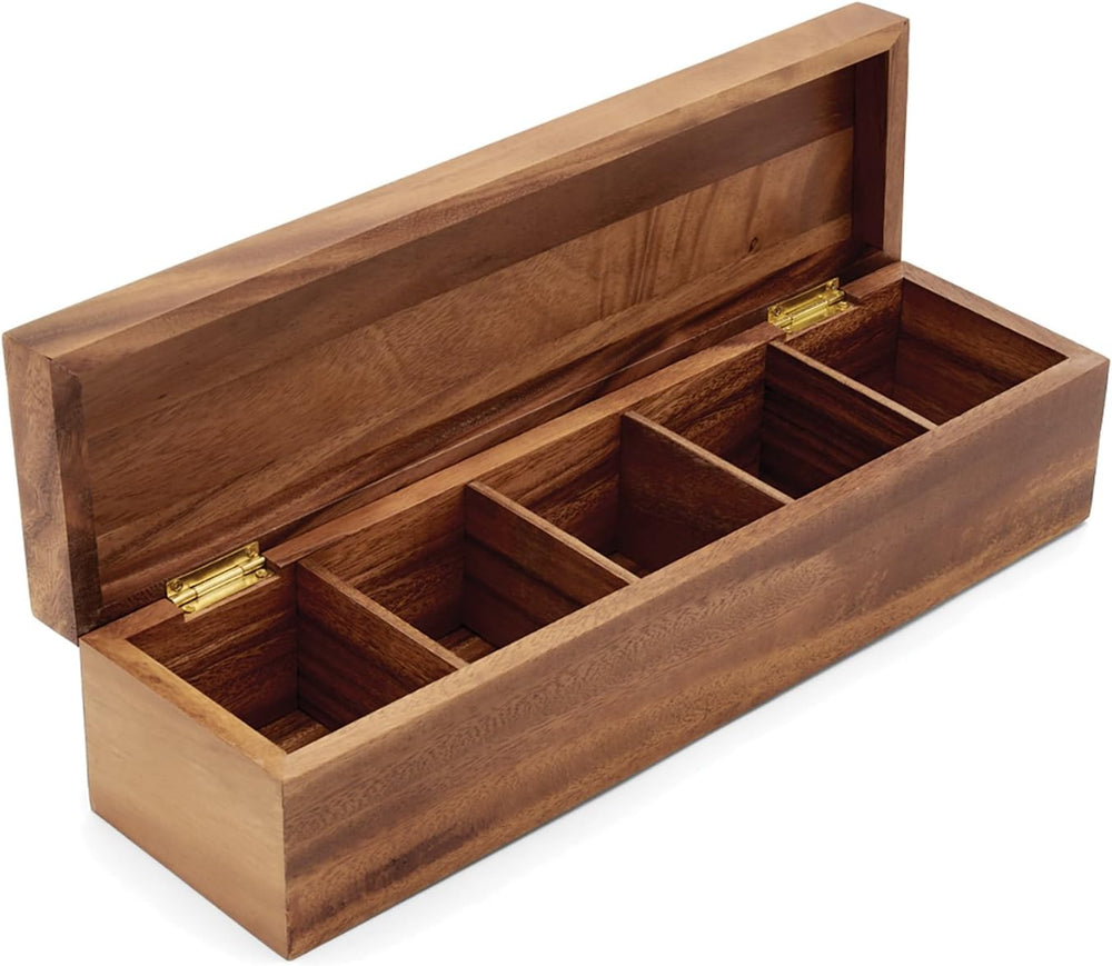 Ironwood Gourmet Large 5 Compartment Tea Box, Acacia Wood Tea Bag Organizer W...