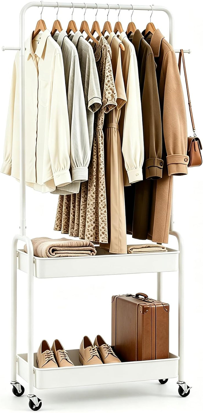 LDAILY Small Rolling Clothes Rack, Heavy Duty Clothing Rack with 2 Baskets, 4 Wheels for Hanging Clothes & Storage, Multi-Purpose Portable Closet for Bedroom, Living Room, Laundry, Small Space (White)