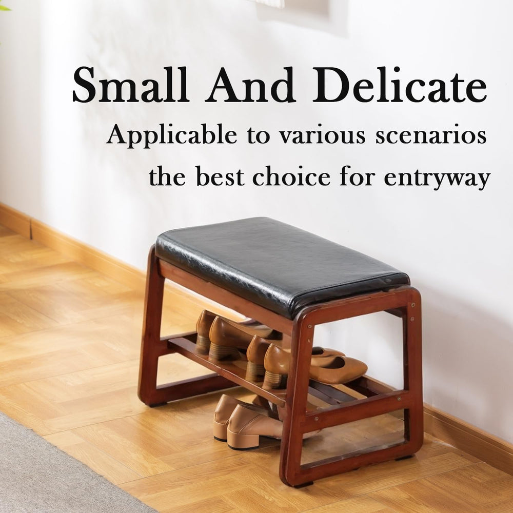 latifolia Solid Wood Bench, Entryway Shoe Bench with Cushion, 2 Tier Shoe Sto...