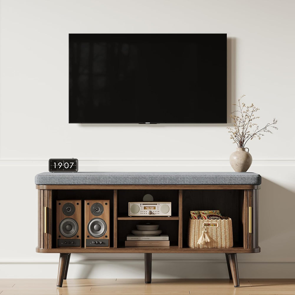 Decofy Shoe Storage Bench with Cushion and Sliding Doors, 39 Inch Shoe Bench ...