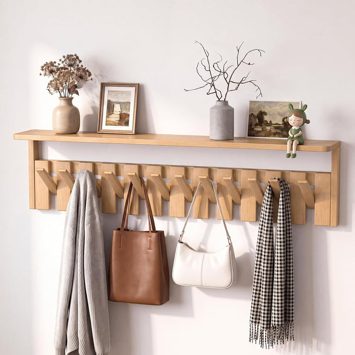 Wall Mounted Coat Rack with Shelf, 12 Flip-Down Hooks, Natural