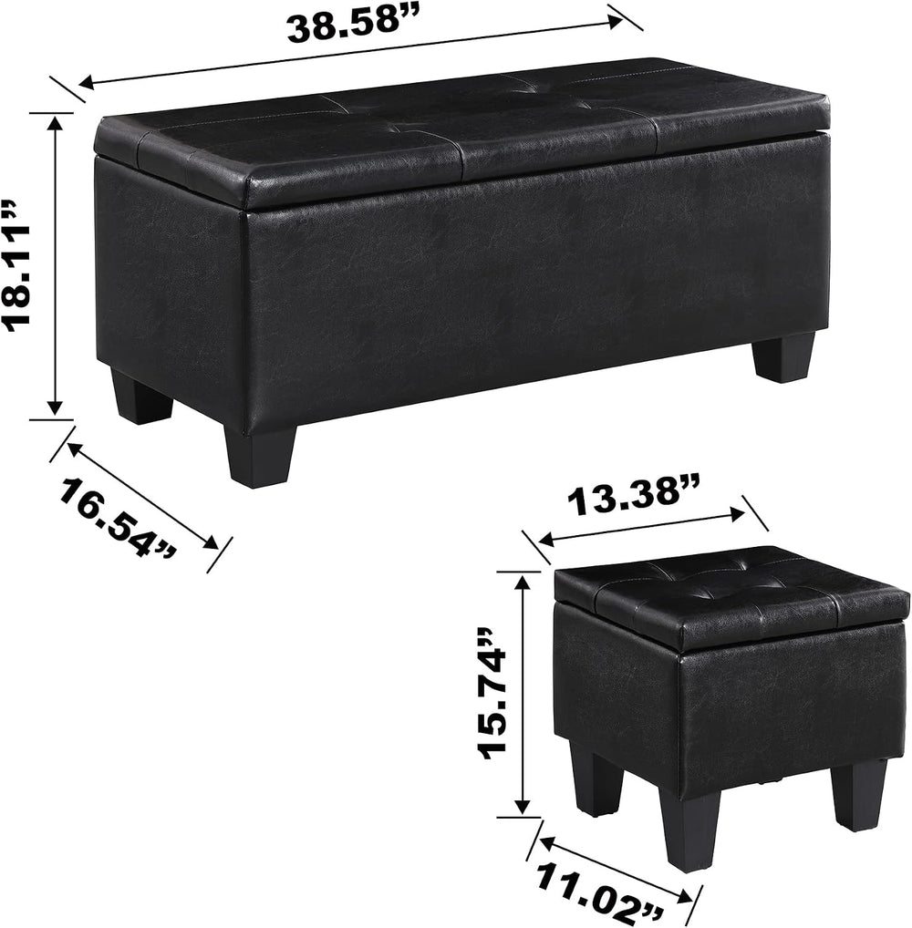 PU Leather Storage Ottomans Set of 3, Tufted Upholstered, Black