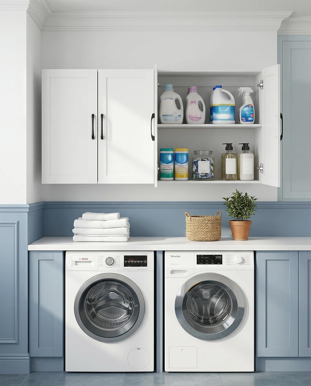 Wall Mounted Cabinet, Laundry Cabinet, 4 Doors, Adjustable Shelves, White