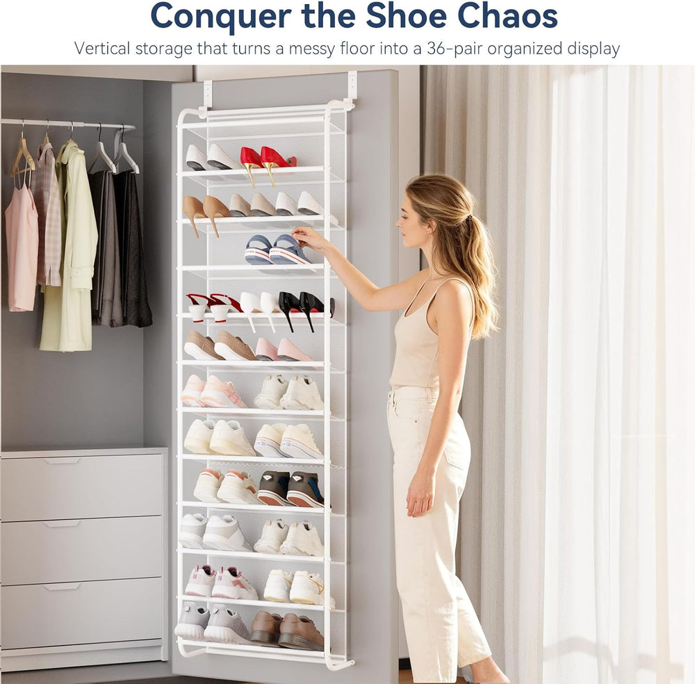 Whitmor 36 Pair Over the Door Shoe Rack,12 Tier Hanging Shoe Organizer with M...