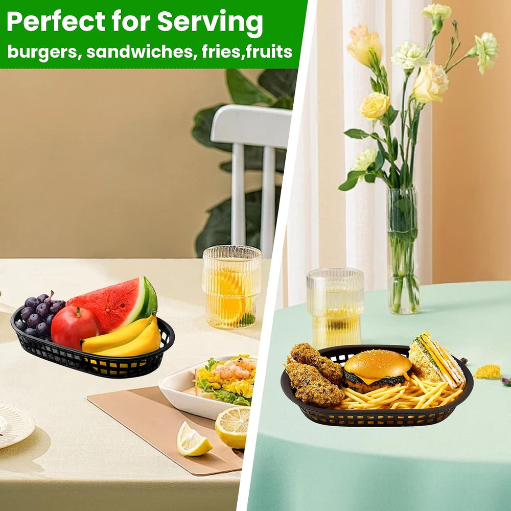 60 Pack Fast Food Baskets, 10.5 x 7 Inch Black Plastic Basket Restaurant Tray...