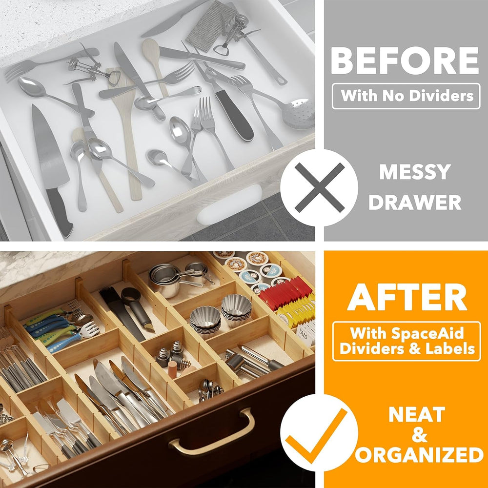 SpaceAid Bamboo Drawer Dividers with Inserts and Labels, Kitchen Adjustable D...