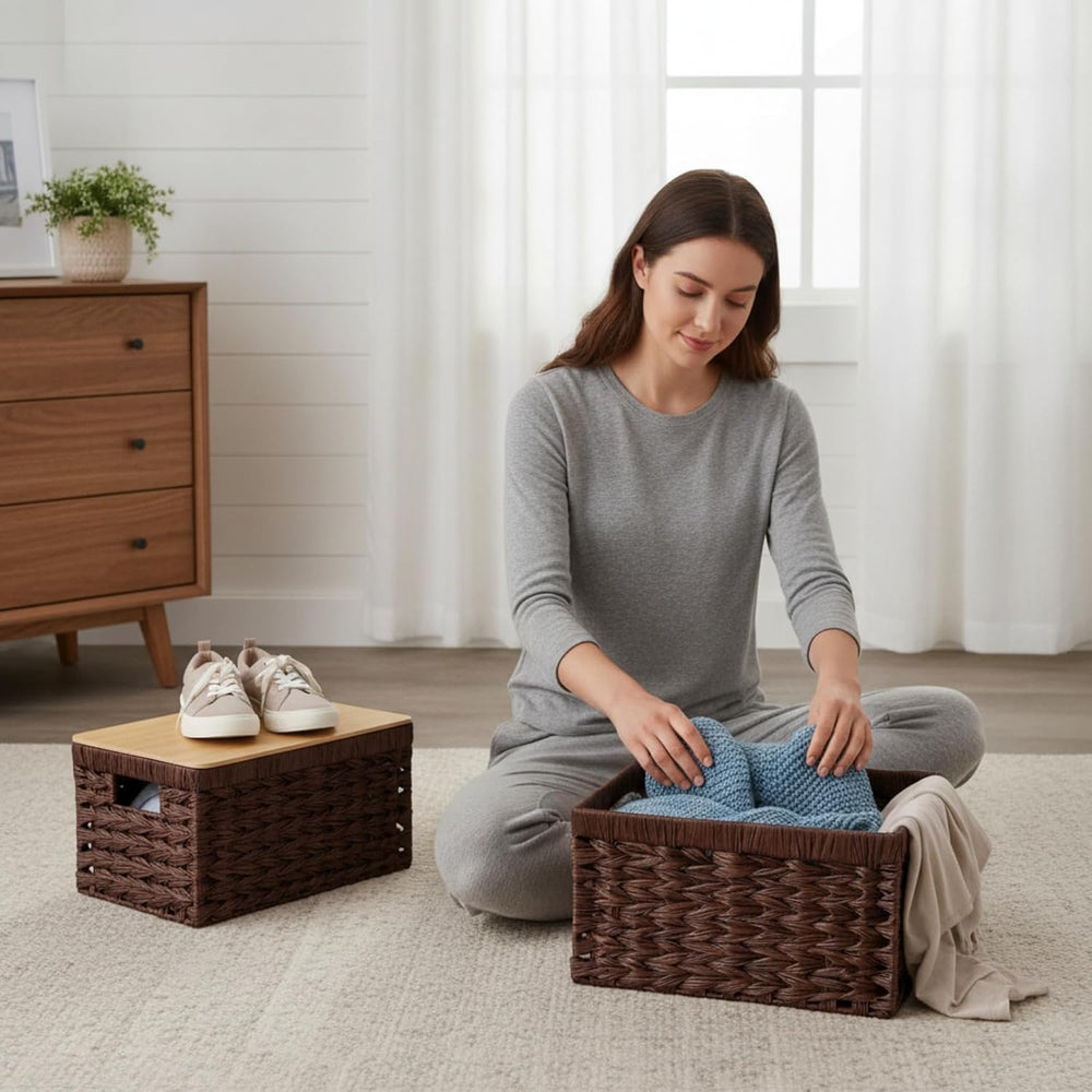 Briwooody 3 Pcs Wicker Storage Baskets with Bamboo Lids 13 x 8.7 x 7.1 Inch S...