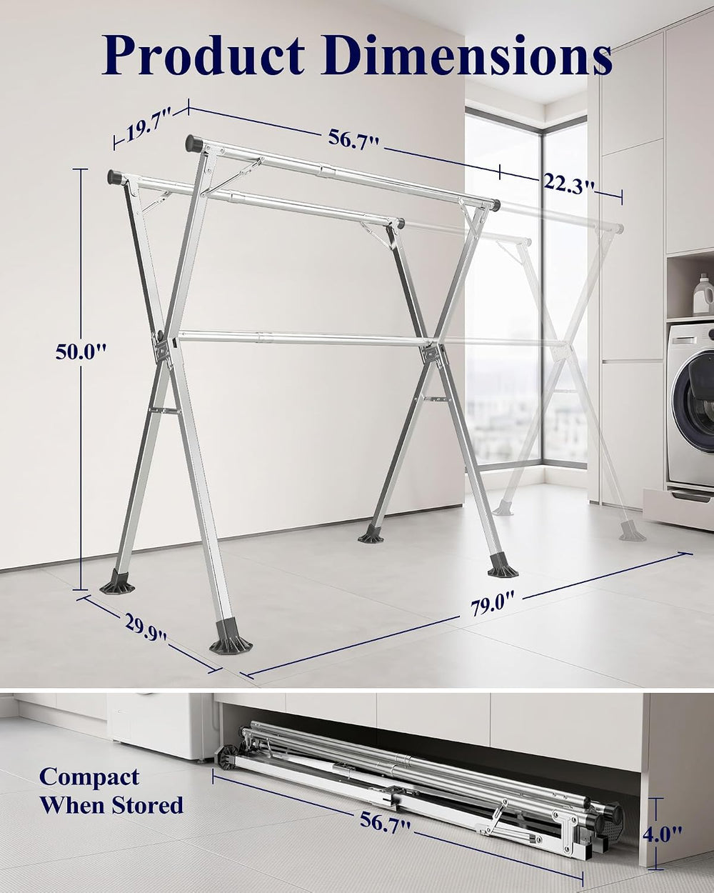 Kitsure Foldable Clothes Drying Rack, 79.0" Heavy Duty, Adjustable Length