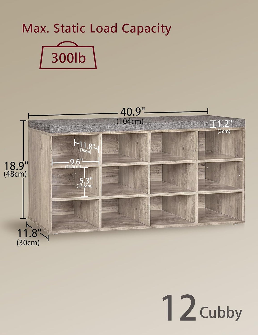 DINZI LVJ Shoe Storage Bench with Cushion, 40.9" Cubby Shoe Rack, 12-Cubby