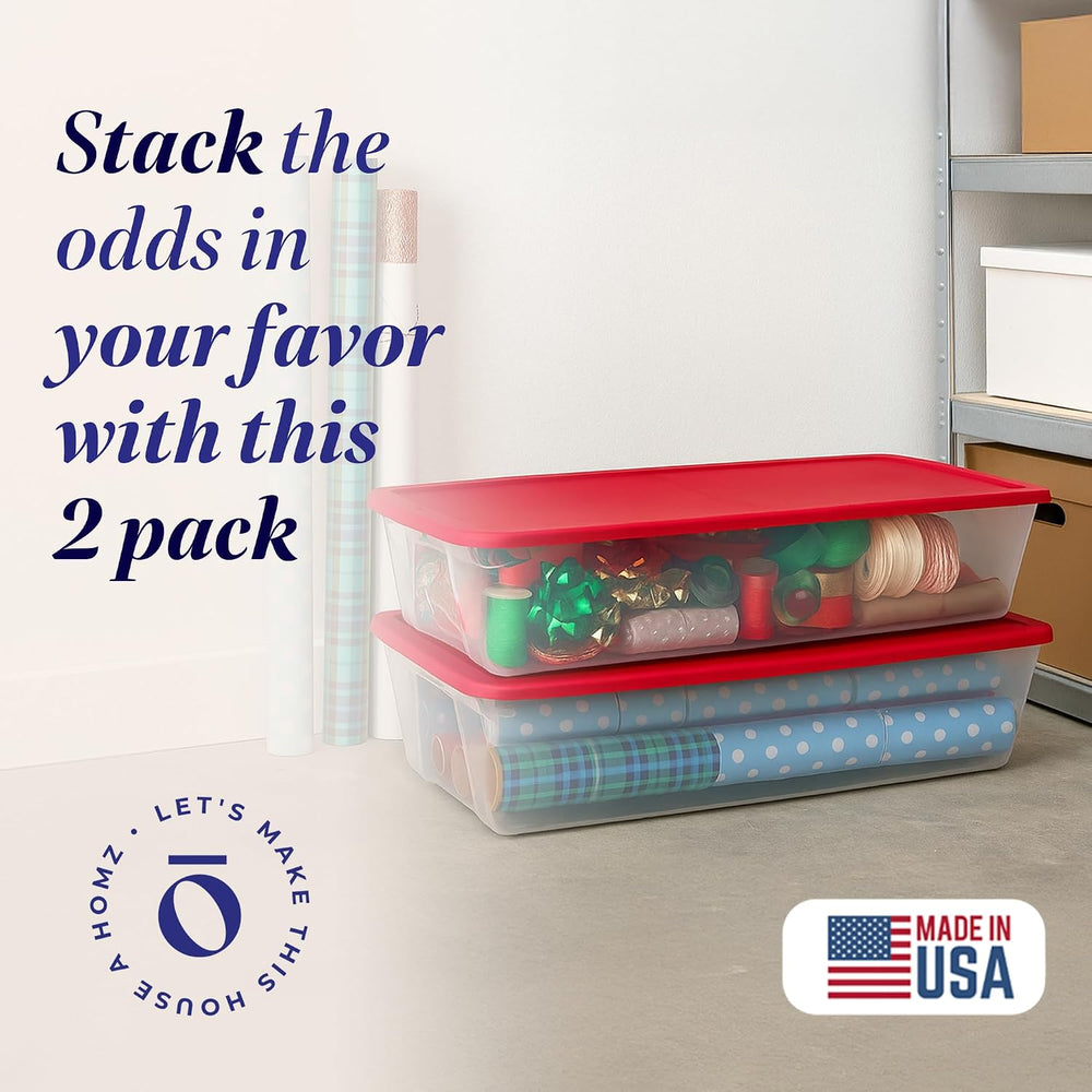 HOMZ Holiday Tote Plastic Storage Bin with Lid, 41 Qt, Clear/Red, 2 Pack