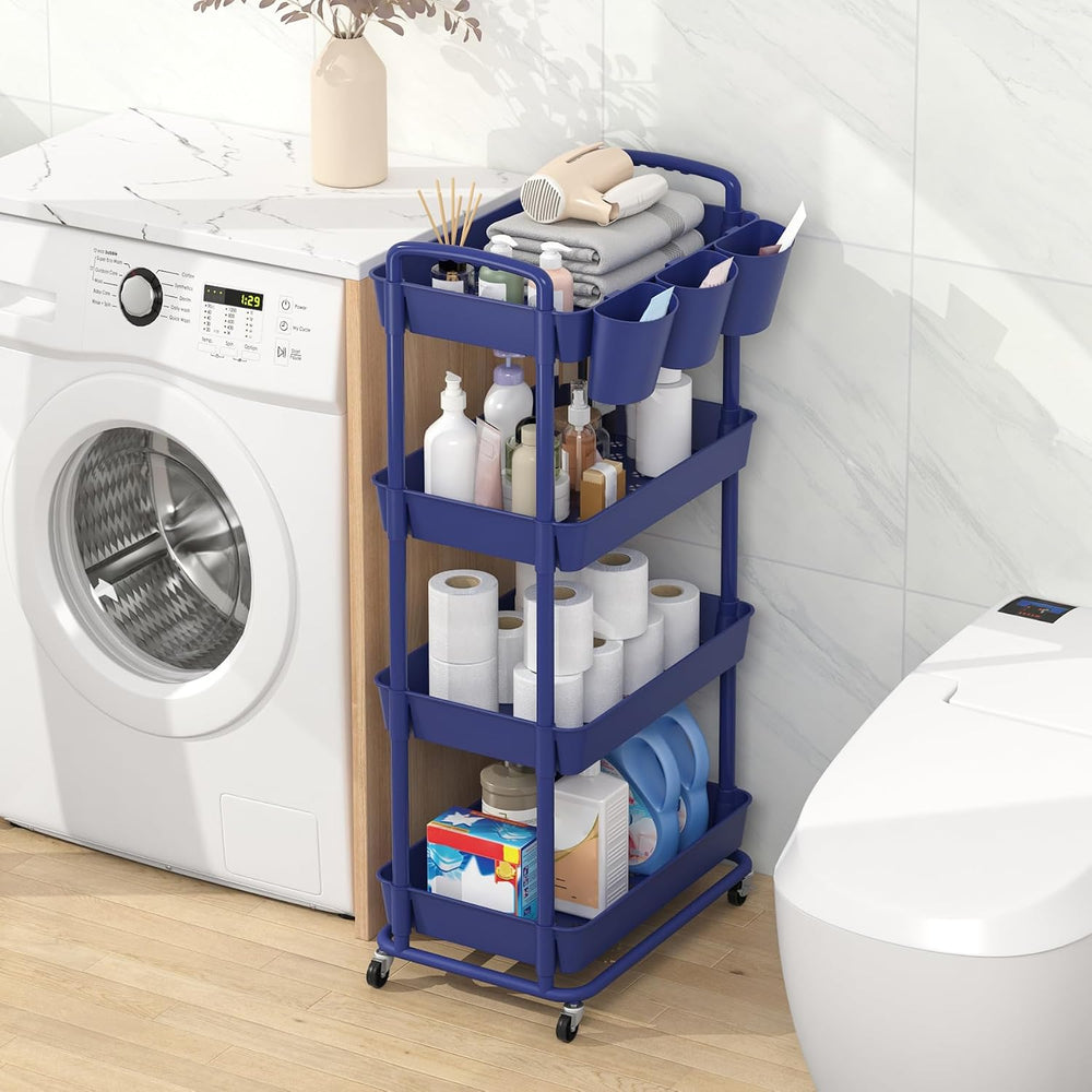 JIUYOTREE 4-Tier Plastic Rolling Storage Cart Utility Cart Blue