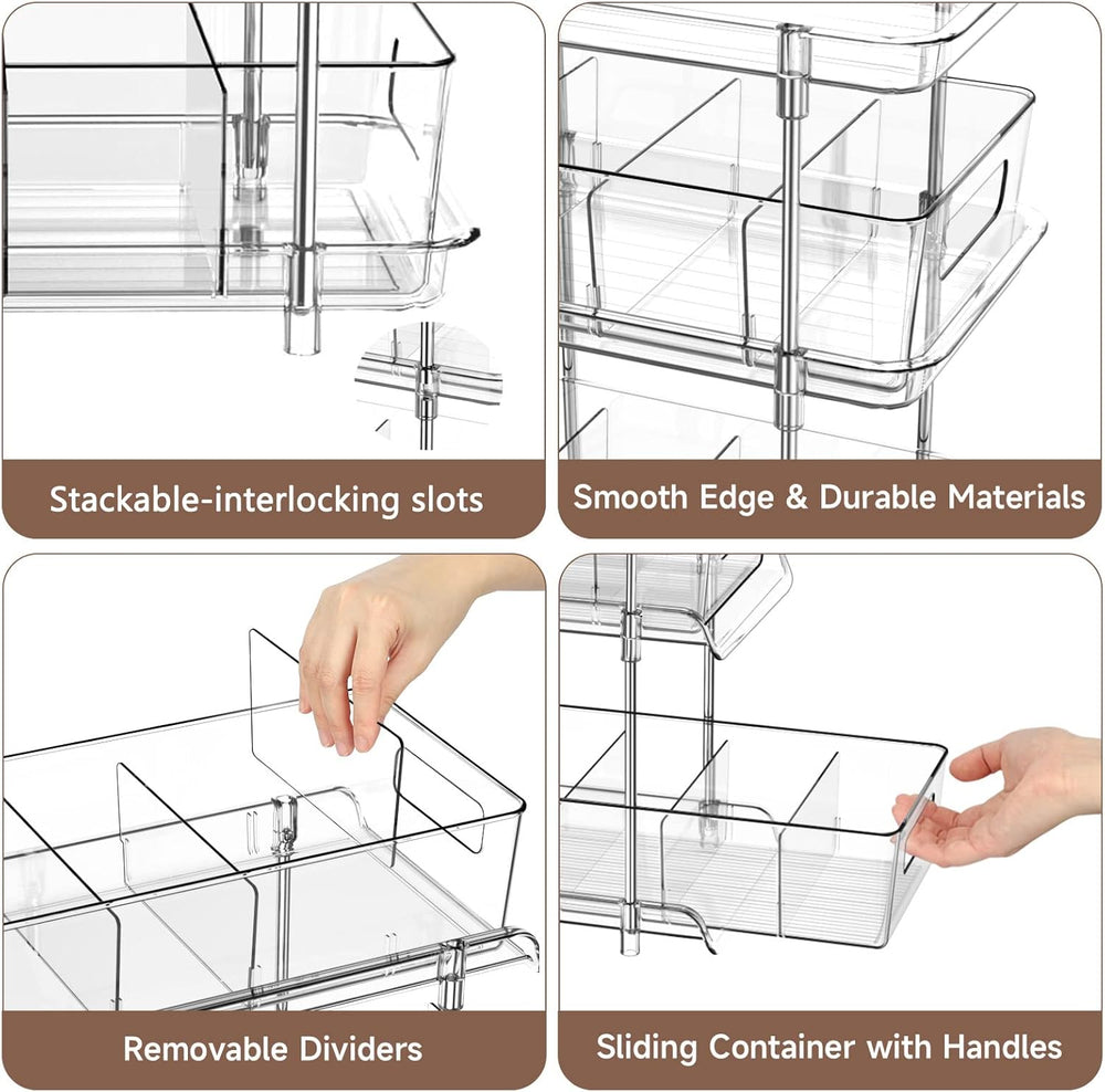 2Set 3 Tier Clear Bathroom Organizer with Dividers, Pull-Out Pantry Organizat...