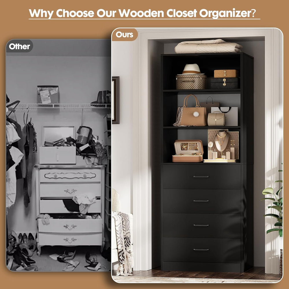 Aheaplus Closet Drawers System, 21.3" Wood Closet Organizer System, Black