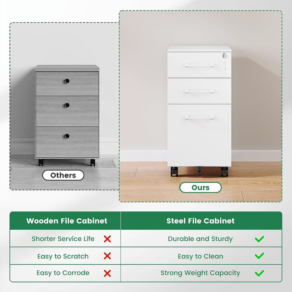 3 Drawer Slim File Cabinet, Mobile File Cabinet with Lock for Home Office, Ro...