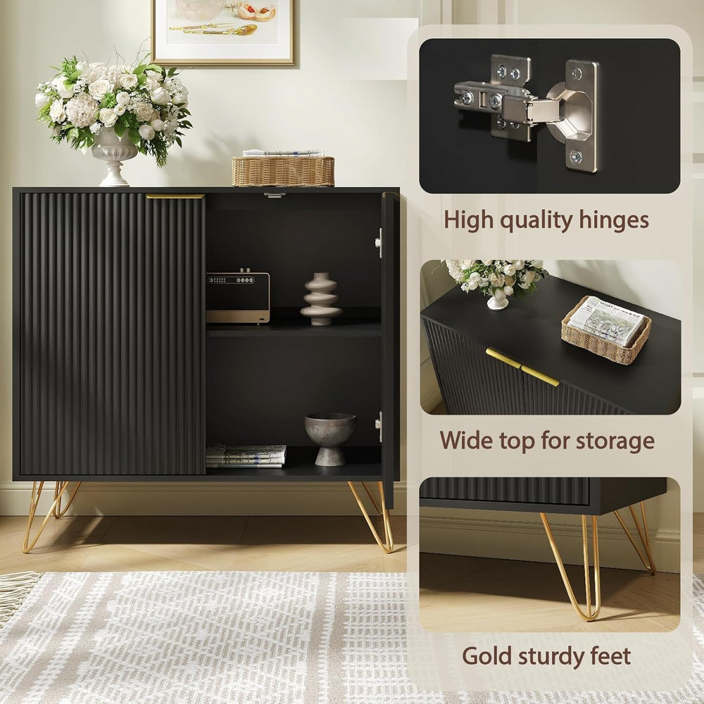Storage Cabinet with 2 Fluted Doors and Adjustable Shelves, Black, 2pcs丨Moder...