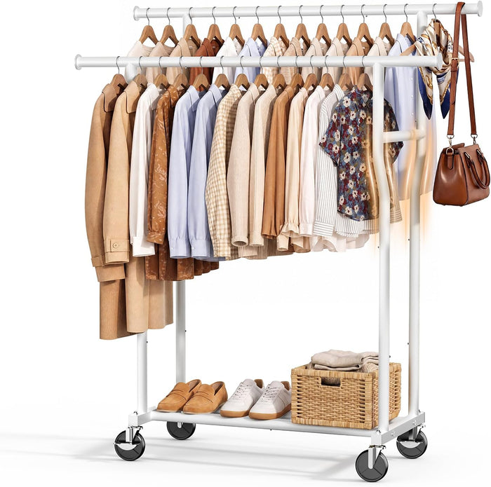 Clothes Rack, Double Rods Rolling Clothing Rack for Hanging Clothes Load 260 LBS Closet Rack with Wheels, Metal Portable Garment Rack for Bedroom Laundry Living Room, White