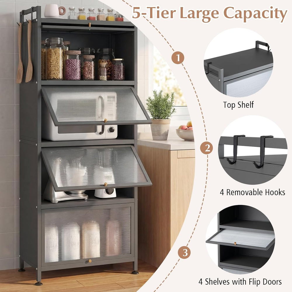 GIANTEX 5-Tier Kitchen Storage Cabinet, 4 PC Doors, Rolling Wheels, Grey